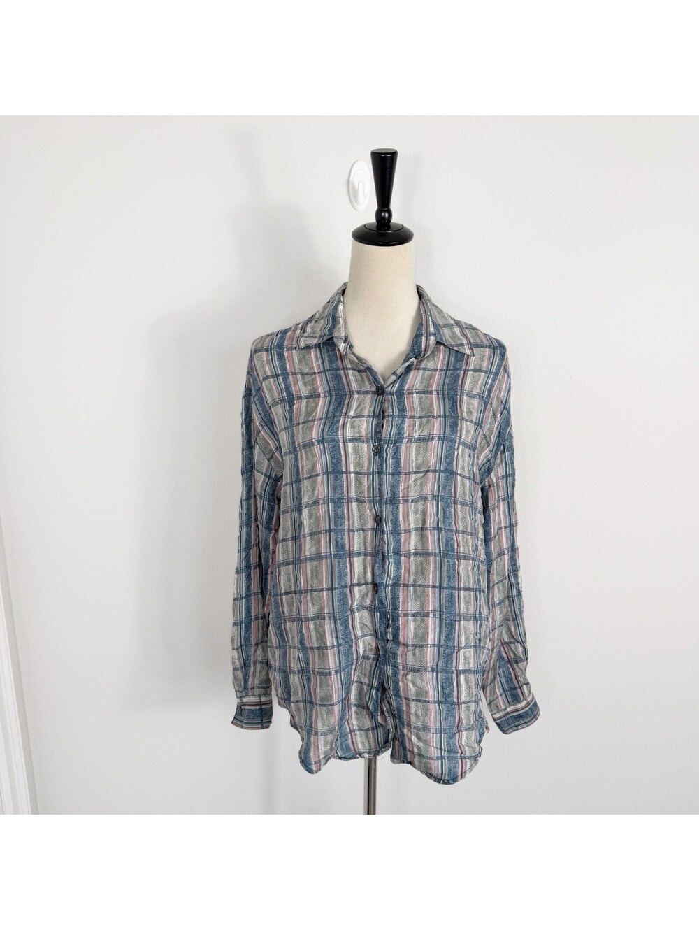 Jonathan Martin Womens Button Down Shirt Blue Plaid 100% Silk Long Sleeve Medium